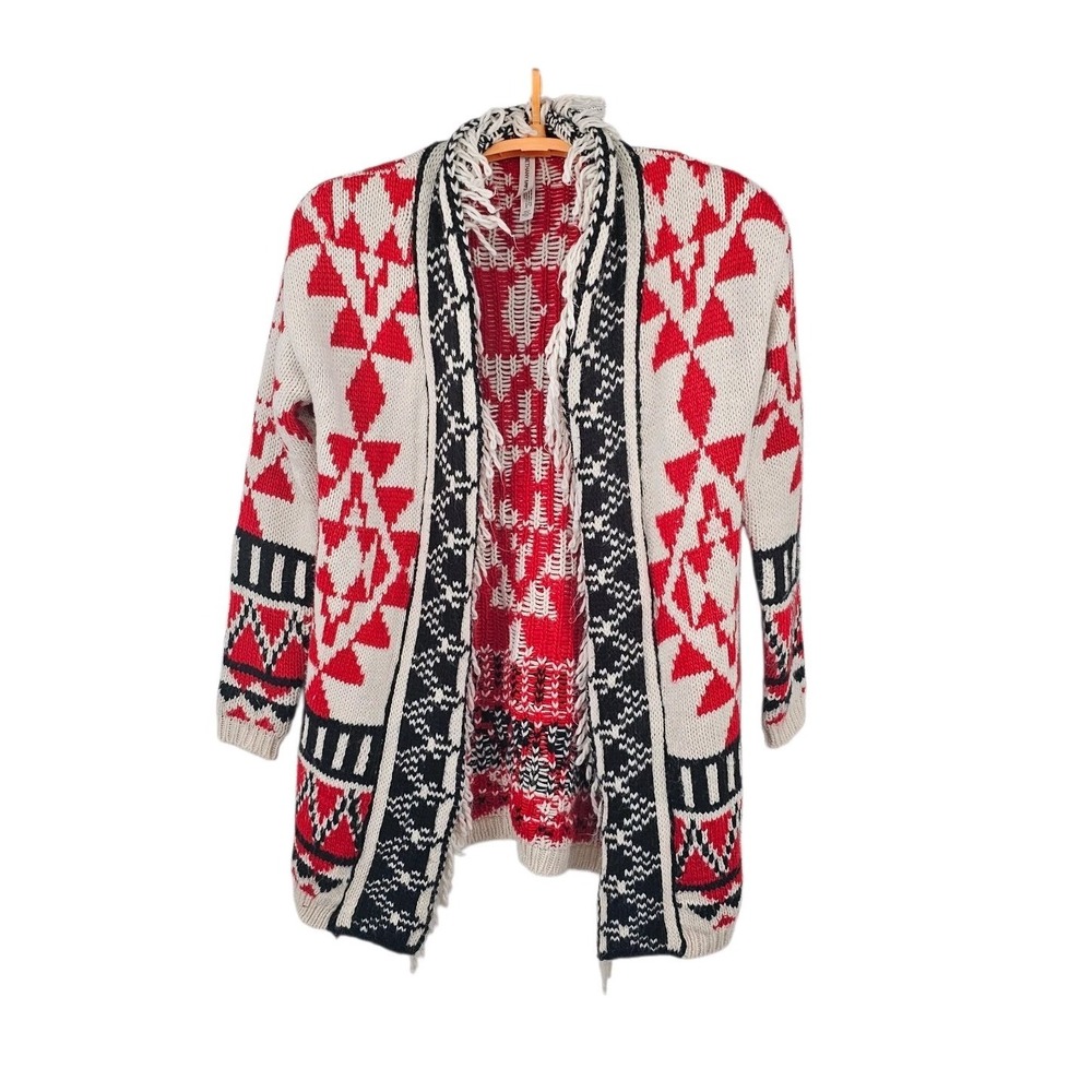 Bethany Mota Fringe Tribal Aztec‎ Geometric Open Front Cardigan Woman Small Boho
